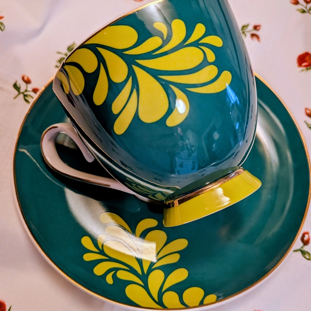 Teal and Yellow Floral Teacup and Saucer Set Alice Collection BNIB Steeped Tea